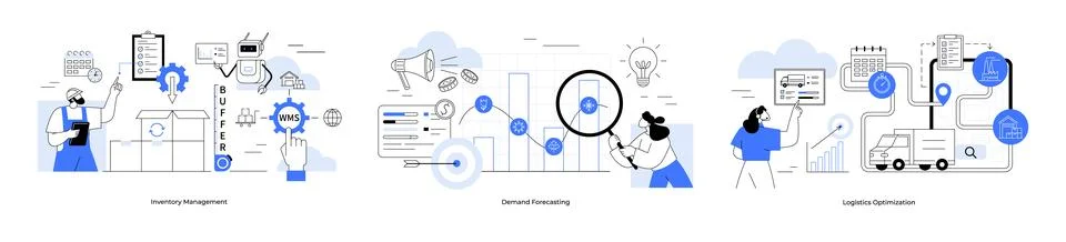 Supply Chain Process Inventory to Distribution Management with Data Analysis Stock Illustration