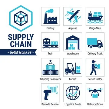 Supply chain solid icons collection showing factory, airplane, cargo ship, .. Stock Illustration