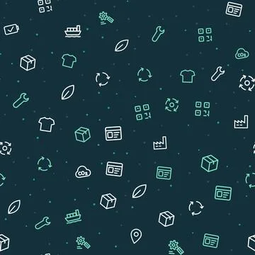Supply chain sustainability seamless pattern with line icons of boxes, t-shirts, Stock Illustration