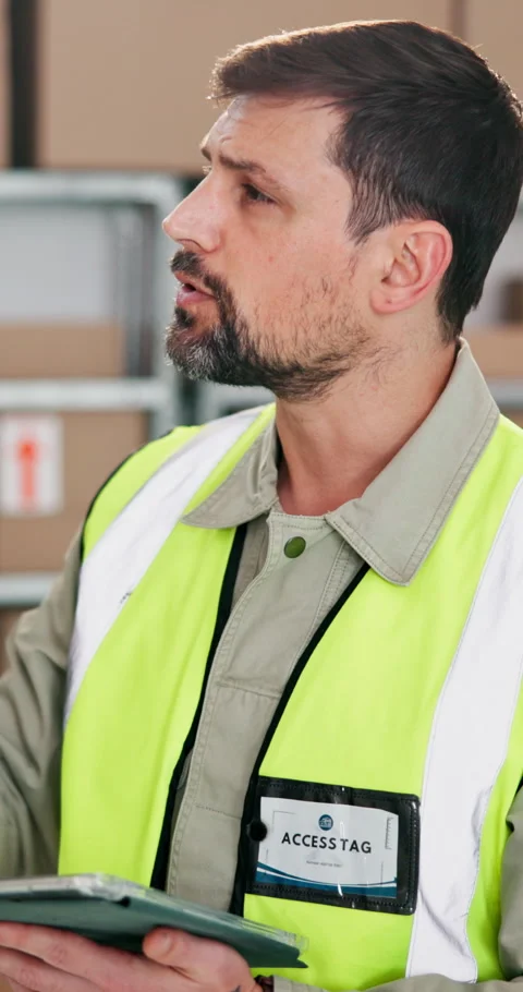 Supply chain, tablet and man in warehouse for inspection, inventory management Stock Footage 343191176