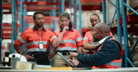 Supply chain, teamwork and people with tablet, conversation and feedback for Video stock 326095742