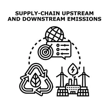 Supply chain upstream downstream emissions illustrating environmental impact Stockillustratie