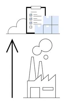 Supply chain workflow checklist, stacked boxes, factory with smoke, large a.. イラスト素材