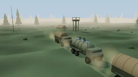 Supply column of cargo trucks and a fuel tanker on a forest track Stock Footage 341088997