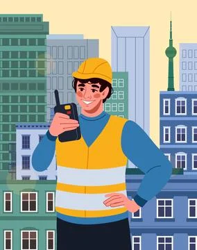 Supply export. Cargo delivery. Man in uniform speaking thought walkie-talkie Stock Illustration