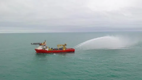 Supply Vessel fire fighting system test Stock Footage 320079746