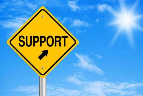 Support Abstract Support text is on road sign with blue sky background. Co... Stock Photos