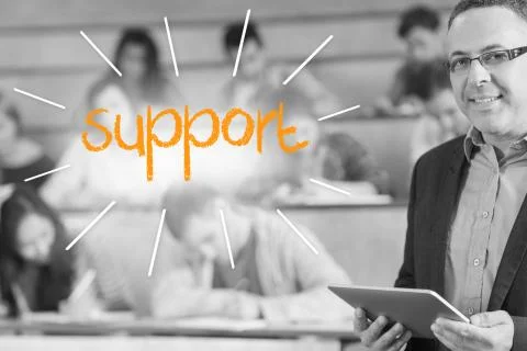 Support against lecturer standing in front of his class in lecture hall Illustrazione stock