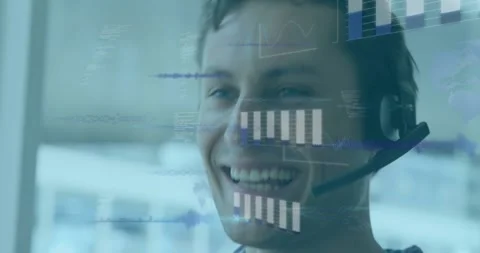 Support agent adjusting headset mic and speaking at window charts waveforms code Vídeos de archivo 331048155