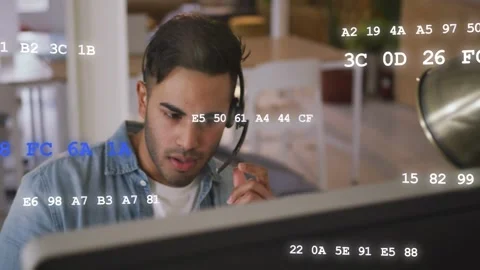 Support agent adjusting mic after call alert, monitoring large screen while data Stock Footage 333004836