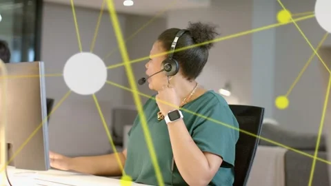 Support agent fixing headset, reaching coworker after loud sound, network Stock Footage 332865910