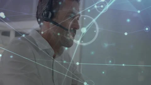 Support agent typing, hearing audio, leaning speaking while network linking Stock Footage 334312278