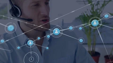 Support agent typing, user icon appearing forming network while placing headset, Stock Footage 332625746