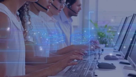 Support agents with headsets handling calls, typing while resolving queries, Stock Footage 333277801