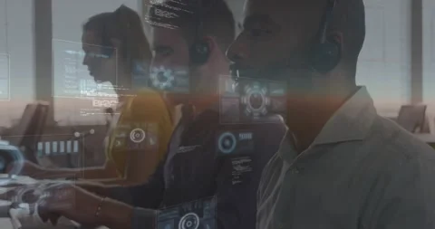 Support agents starting typing and helping callers, causing HUD graphics Stock Footage 320067890