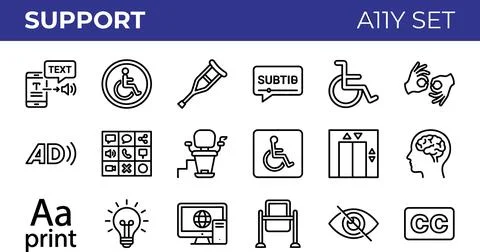 Support and Accessibility Line Icons Set for Inclusive Design. Stock Illustration