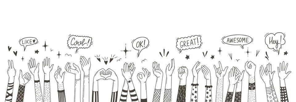Support and applause sketch hands. Arm waving, clapping hand woman man. Helping Stock Illustration