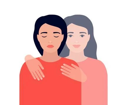 Support and help sad young woman in form of ghostly twin. Invisible support for Stock Illustration