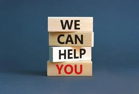 Support and we can help you symbol. Concept words We can help you on wooden b Stock Photos