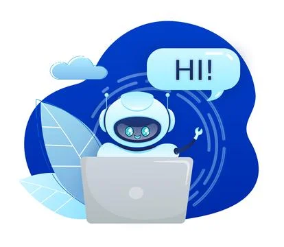 Support bot. Ai assistant. Flat icon with blue support bot on white background 스톡 일러스트