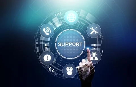 Support button on virtual screen. Customer service and communication concept. Stock-Fotos