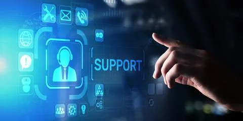 Support button on virtual screen. Customer service and communication concept. Фото