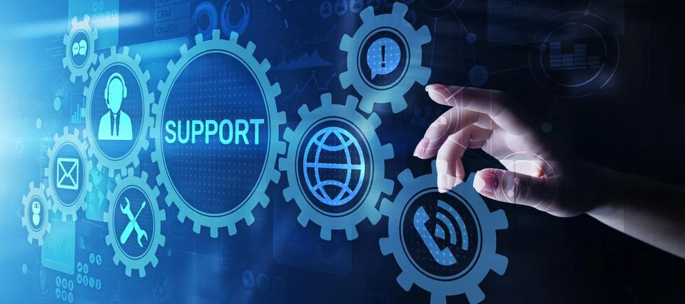 Support button on virtual screen. Customer service and communication concept 스톡 사진