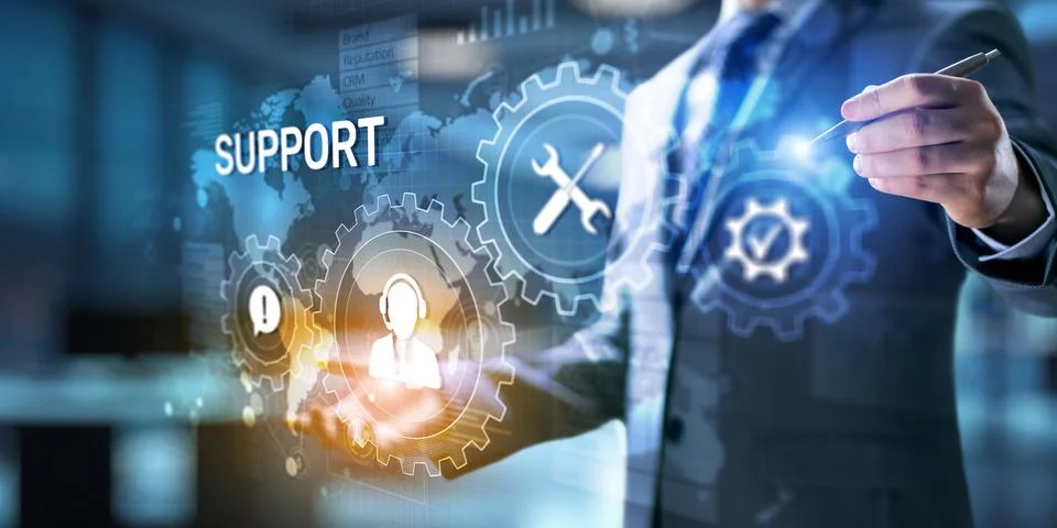 Support button on virtual screen. Customer service and communication concept. Foto stock
