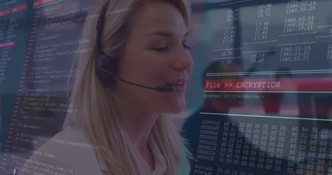 Support call starting, agent speaking into headset while code or hex and Stock Footage 333904702
