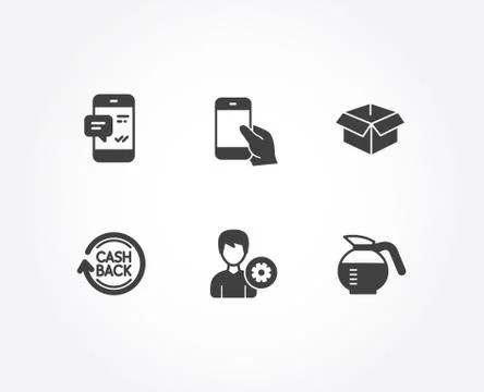 Support, Cashback and Smartphone notification icons. Opened box, Hold smartphone Stock Illustration