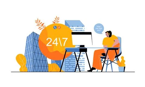 Support center web concept with people in flat cartoon design. Woman working  Stock Illustration
