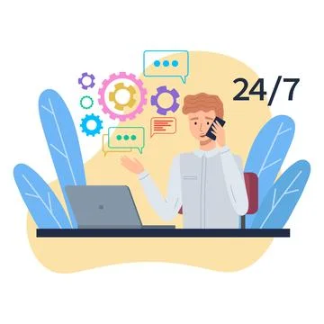 Support chat 24 7 operator. Manager sitting at desk with computer and talking on Stock Illustration