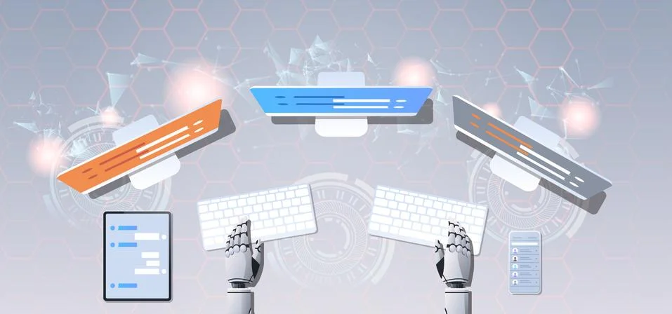 Support chat bot robot hands using computer and mobile application virtual 스톡 일러스트