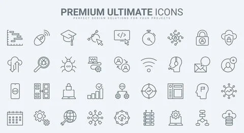 Support for computer software, program code thin line icons set, maintenance Stock Illustration