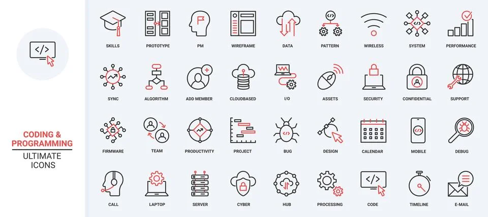 Support for computer software, program code red black thin line trendy icons set Stock Illustration