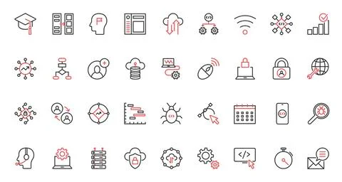 Support for computer software, program code red black thin line trendy icons set Illustration