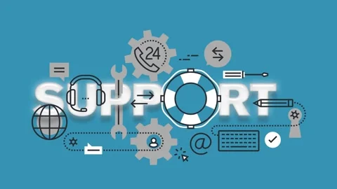 A support concept with various icons and symbols representing customer serv.. 스톡 동영상 340282701