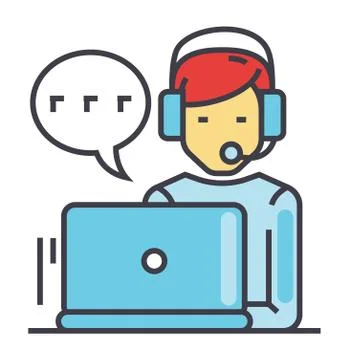 Support customer service, man with computer and headset, client chat concept. Stock Illustration