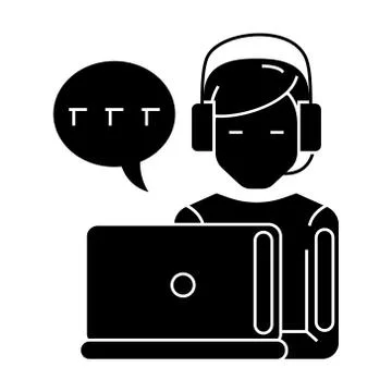 Support - customer service - man with computer and headset and chat icon, vector Stock Illustration