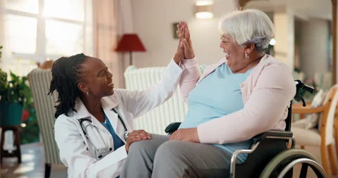 Support, doctor and high five with old woman in wheelchair, healthcare success Stock Footage 341098647