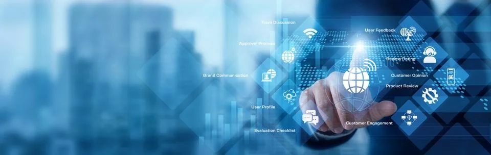 Support expert analyzing digital data pointing hand at Feedback process gra.. Stock Photos
