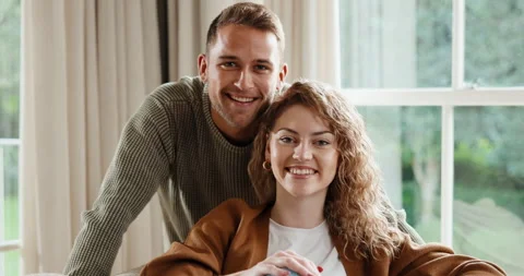 Support, face or couple in house with smile, partner loyalty or bonding together Stock Footage 341400447