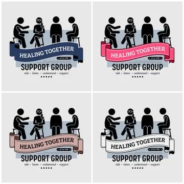 Support group centre logo design. Vector artwork of people sitting together a Illustrazione stock