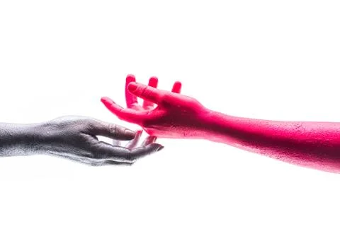 Support, hands on white background isolated, silver and red human hand Stock Photos