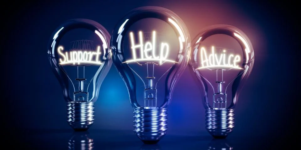Support, help, advice concept - shining light bulbs - 3D illustration Stock Illustration