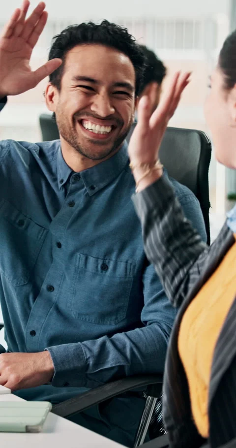 Support, high five or people in office with computer, colleague guidance or good Stock Footage 327852292