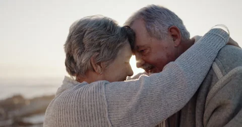 Support, hug or old couple at beach dancing with care or love on summer vacation Stock Footage 255093336