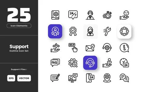 Support Icon Set Collection - Outline Line Art Style. Manual Book, 24 7 Sup.. Stock Illustration