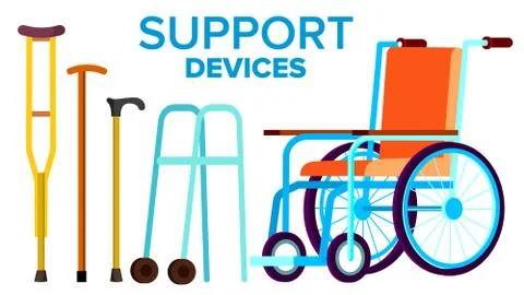 Support Items Vector. Walk Stick, Wheelchair. Isolated Flat Cartoon Illustration Illustration