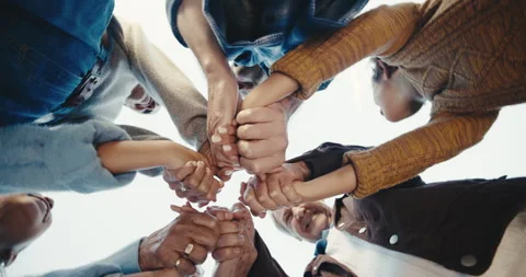 Support, low angle and people outdoor with holding hands, victory and team Stock Footage 342322659